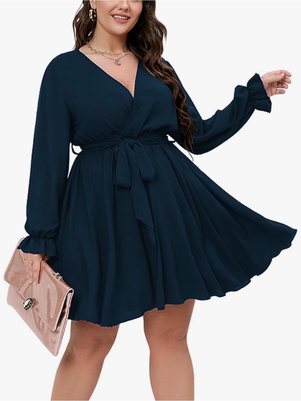 NWT Plus Size Long Sleeve Wrap V Neck Tie Waist A Line Mini Short Dress sz 2XL